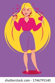 GIRL MARKETOLOGIST KEEP IN HANDS LEAD MAGNET AND HEART, WHICH GRAVITATE LIKES, COMMENTS AND SUBSCRIBERS. Business, marketing, smm. Vector illustration, cartoon character, emblem, icon, poster,