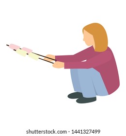 Girl with marshmallow sticks icon. Flat illustration of girl with marshmallow sticks vector icon for web design