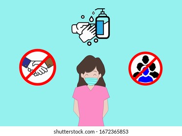 Girl with mask 3 steps to prevent covid-19 virus. 1 Don't shake the hand or touch other people. 2 wash your hand with soap or alcohol jells. 3 Don't go to the place that crowd of people.