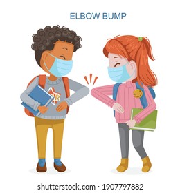 Girl mask and a boy mask greet each other at school. New normal of greeting to avoid the spread of coronavirus (COVID-19). Kids are bowing. Social distancing concept. Social Distance vector.