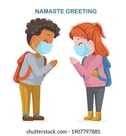 Girl mask and a boy mask greet each other at school. New normal of greeting to avoid the spread of coronavirus (COVID-19). Kids are bowing. Social distancing concept. Social Distance vector.