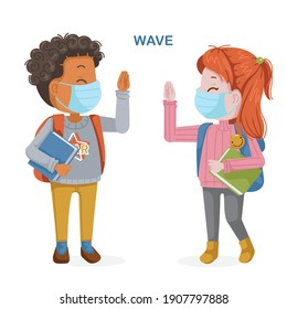 Girl mask and a boy mask greet each other at school. New normal of greeting to avoid the spread of coronavirus (COVID-19). Kids are bowing. Social distancing concept. Social Distance vector.