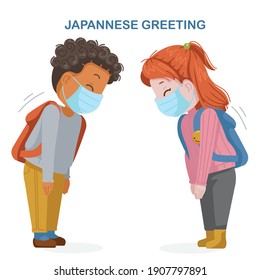 Girl mask and a boy mask greet each other at school. New normal of greeting to avoid the spread of coronavirus (COVID-19). Kids are bowing. Social distancing concept. Social Distance vector.