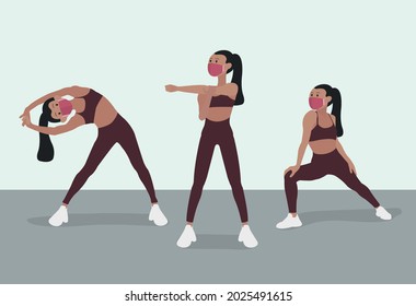 Girl with a mask doing stretching in a gym Premium Vector