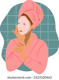 Girl in a mask. Facial cleansing.  A beautiful woman takes care of her facial skin. Vector flat illustration for advertising.