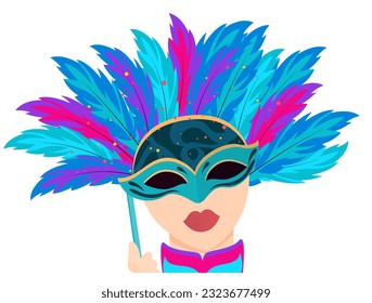 Girl in a mask and hat with feathers, carnival, girl in a suit, clipart, bright illustration