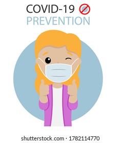 Girl with mask with his hands doing okay. Prevention covid-19. isolated vector