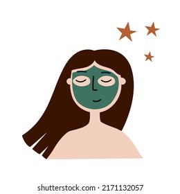 Girl with a mask on face. Beauty and health illustration.Self Love and wellness concept.Harmony and happiness