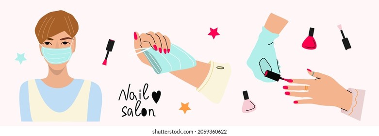 A girl with a mask on her face, women's hands, materials and tools for manicure, the concept of a safe procedure in a beauty salon. A set of three vector illustrations