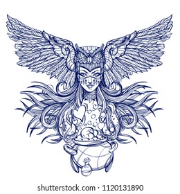Girl with mask of owl and a boiling cauldron with a potion. Monochrome vector tattoo or illustration isolated on white background