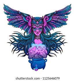 Girl with mask of owl and a boiling cauldron with a potion. Color vector tattoo or illustration isolated on white background