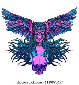 Girl with mask of owl and a skull. Color vector tattoo or illustration isolated on white background