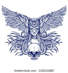 Girl with mask of owl and a skull. Monochrome vector tattoo or illustration isolated on white background