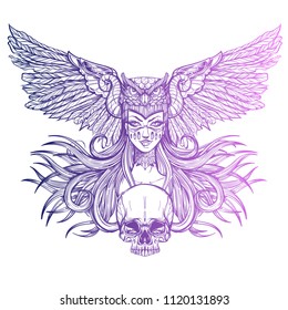 Girl with mask of owl and a skull. Monochrome vector tattoo or illustration isolated on white background