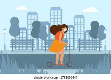 Girl in a mask in the park, lifestyle after the pandemic Witness-19 Girl in the park. A girl rides a scooter in a mask on the street during a pandemic.