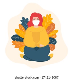 The girl in the mask. Protection from coronavirus. The mask on the face. Covid-19. Vector isolated illustration with a girl. Coronavirus pandemic. Leaves of flowers. Flat style. 