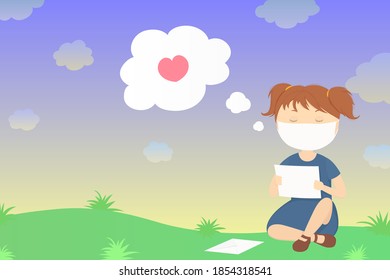 Girl in mask read letter with declaration of love. Vector illustration.