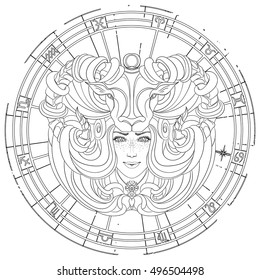 girl in the mask in the shape of a ram's head, symbolizes the zodiac sign