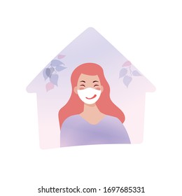 Girl in mask with smile sign. Stay home, safe and positive banner design. Trendy home quarantine concept. Coronavirus pandemic.