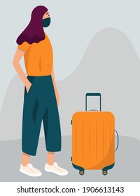 Girl in a mask with suitcase. The concept of travel, tourism and recreation in flat style. Vector illustration