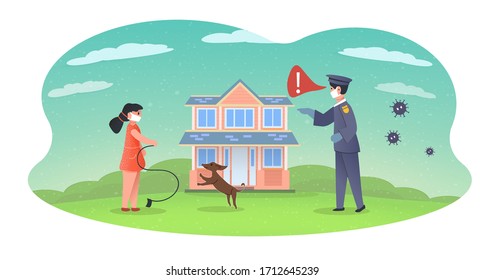 Girl in mask walks the dog. Emergency mode. Policeman takes child to home isolation. Policeman fines citizens for violating distance during COVID-19 quarantine. Violations of regime of self-isolation.