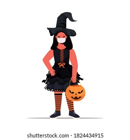 girl in mask wearing witch costume woman holding pumpkin happy halloween holiday celebration coronavirus quarantine concept full length isolated vector illustration