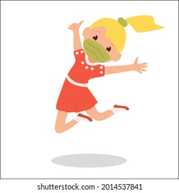 A girl in masks are jumping. Summer recreation and entertainment during the coronavirus pandemic. Vector flat illustration.