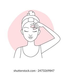 Girl massaging forehead with arrow to right, holding pink stone gua sha vector illustration