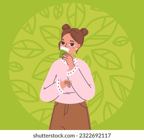 Girl matcha drink. Teenager drinking green tea, young woman holding cup or mug. Positive energy cartoon character, snugly vector person graphic