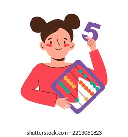 Niña en una lección de matemáticas. Educación preescolar. Niño inteligente estudiando para contar números usando un ábaco. Clases educativas en guardería para niños preescolares. Ilustración de vector plana colorida