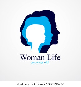 Girl maturation age years concept, adulthood idea, the time of life, periods and cycle of life, growing old, from infancy to maturity. Vector simple classic icon or logo design.