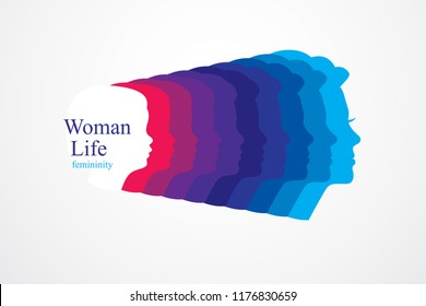 Girl maturation age years concept, adulthood idea, the time of life, periods and cycle of life, growing old, from infancy to maturity. Vector simple classic icon or logo design.