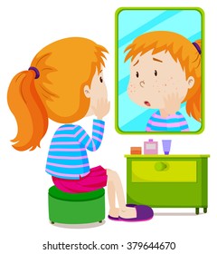 Girl with measels looking at mirror illustration