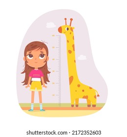 Girl measure height with inch ruler and cheerful giraffe vector illustration. Cartoon female teenager, chart of progress growth with scale in inches and animal isolated on white.