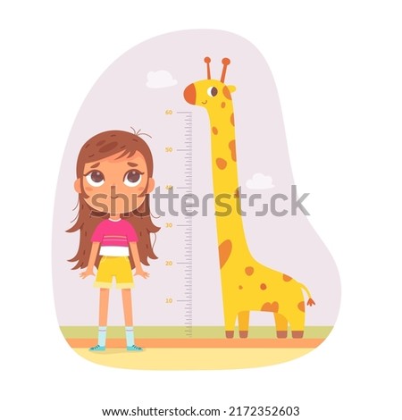 Girl measure height with inch ruler and cheerful giraffe vector illustration. Cartoon female teenager, chart of progress growth with scale in inches and animal isolated on white.