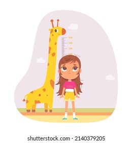 Girl measure height with ruler and cheerful giraffe vector illustration. Cartoon female teenager, chart of progress growth with scale in centimeters and animal isolated on white