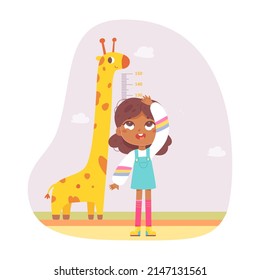 Girl measure height with ruler and cheerful giraffe vector illustration. Cartoon female teenager, chart of progress growth with scale in centimeters and animal isolated on white