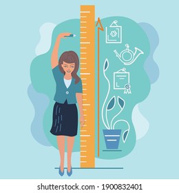 The girl measures her height with a ruler and a pencil. Personal growth, female ambition, self-development, impostor syndrome. Doodle, vector flat illustration. 