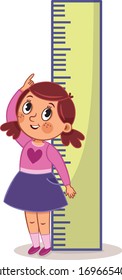 A Girl Measures Her Own Height With A Big Ruler. Vector Illustration.