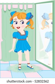 The girl measures a new dress in shop.