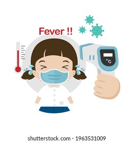 Girl measuring body temperature and wearing a face mask vector illustration.

