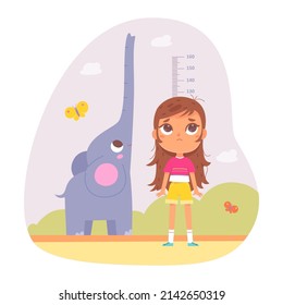 Girl measuring height with ruler chart vector illustration. Cartoon kid standing with cheerful elephant raising long trunk up, cute decor for wall of kindergarten or home room isolated on white