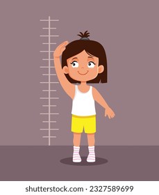 
Girl Measuring her Height in Healthy Development Concept Illustration. Little child measuring his own height during medical examination 
