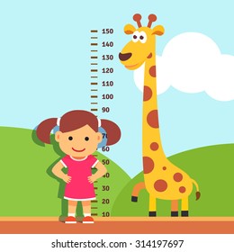 Girl is measuring her height with painted graduations on the kindergarten wall. Vector flat style isolated cartoon illustration.