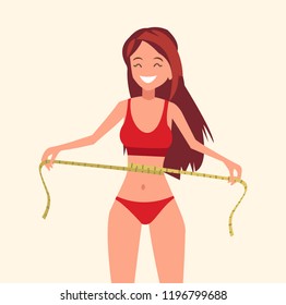 Girl measuring her waist. Correction and weight loss. Vector illustration.