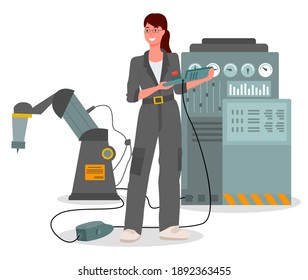 Girl mechanic dressed in a special uniform gray work overalls, holding control panel from the machine isolated on white. Modern woman in the male profession factory engineer near Industrial machine