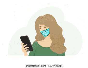 Girl in medical face mask. Concept of coronavirus quarantine vector. Female character holding in hand smartphone. Illustration in trendy flat style