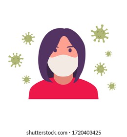Girl in medical face mask coronavirus .Vector flat illustration.Viruses and bacteria are a pandemic.Medical equipment. Cartoon character woman.