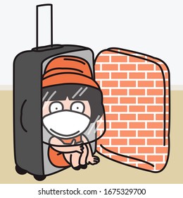 Girl With Medical Face Mask And Transparent Hat Travelling With Her Own Personal Brick Wall Luggage. Social Distancing To Protect Spreading Virus Concept Card Character illustration