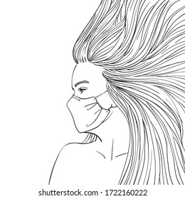 Girl in medical face mask, Vector sketch of teenage girl in profile with long hair blowing up, Hand drawn illustration